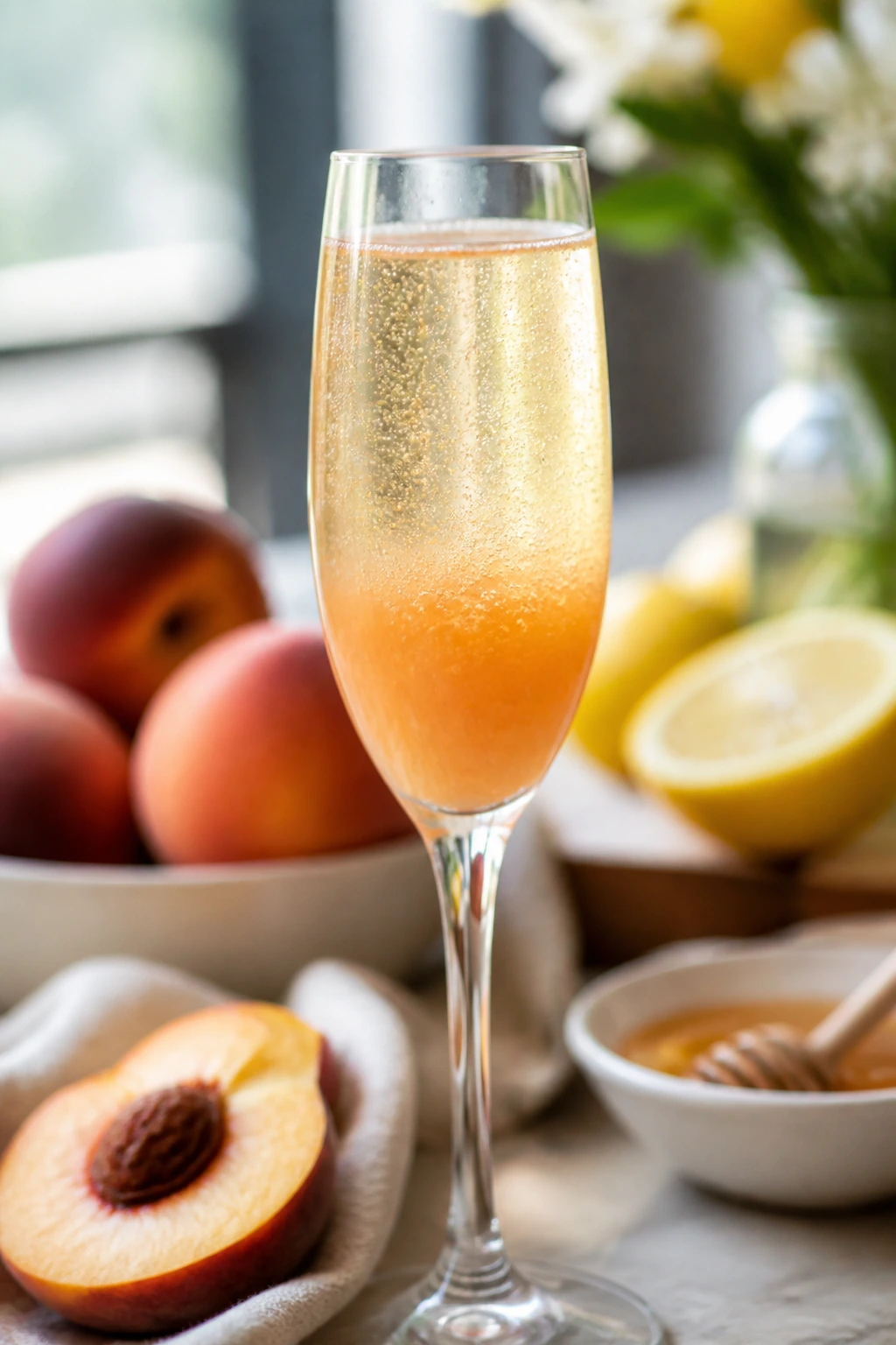 Champagne flute with peach puree and Prosecco, peach hue, on a brunch table