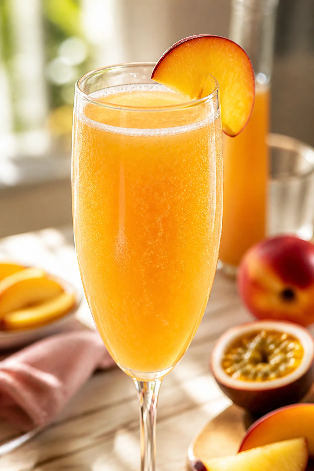 Peach passionfruit bellini in a flute with peach garnish