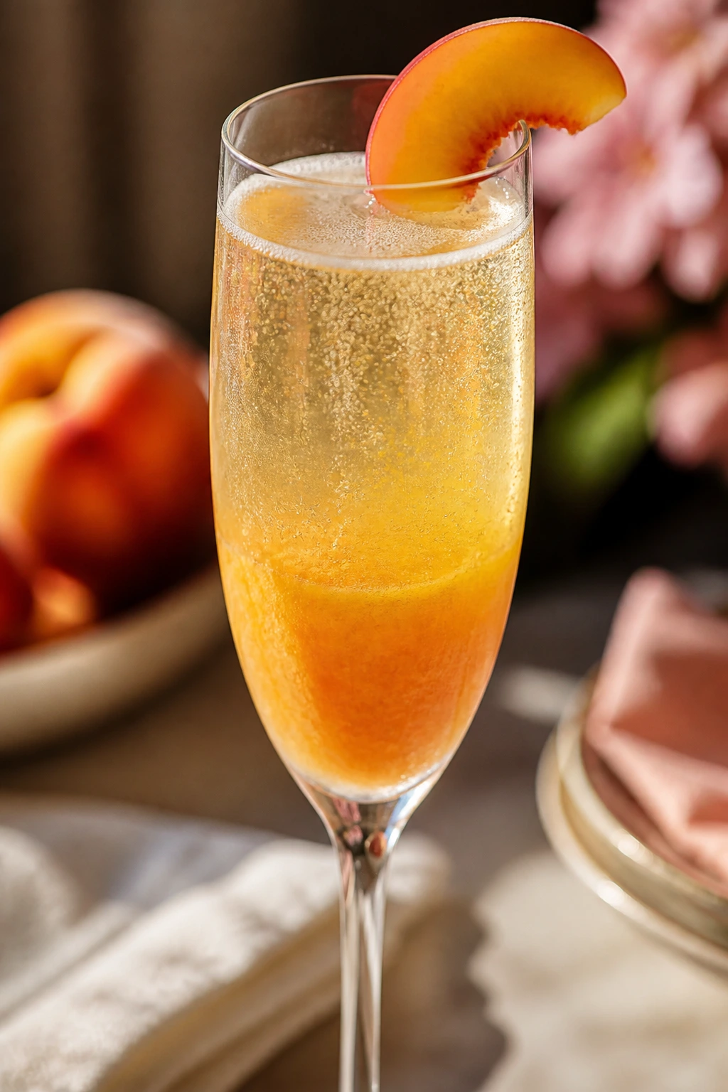 Close-up of peach bellini in a flute with peach puree visible
