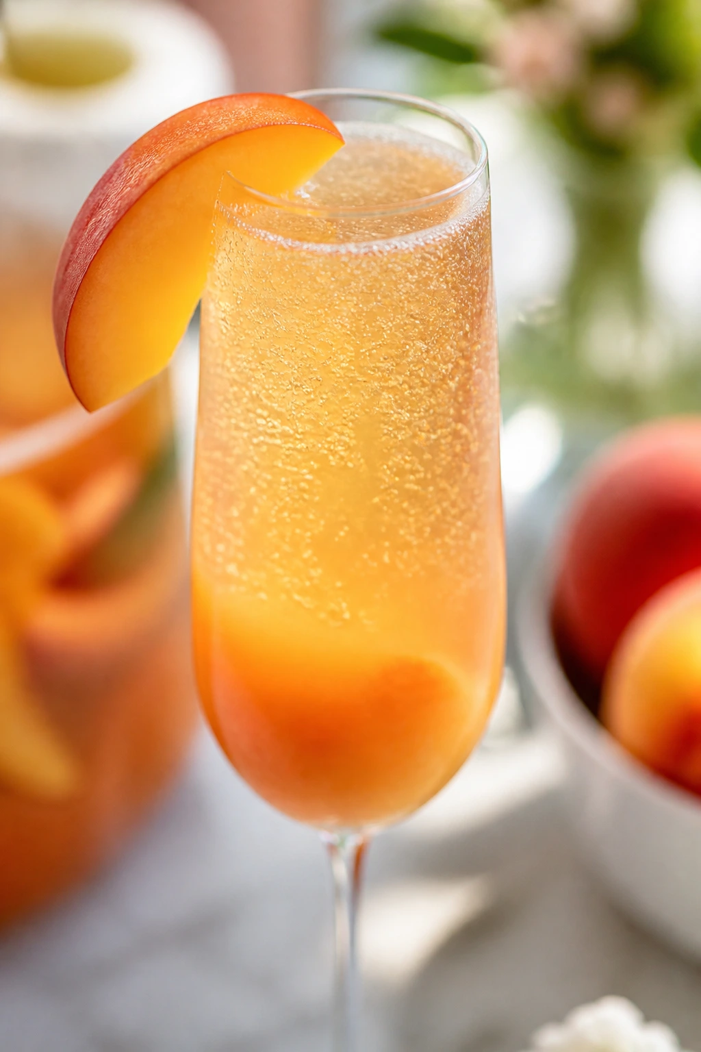 Close-up of Peach Bellini Punch in a flute with peach slices and bubbles