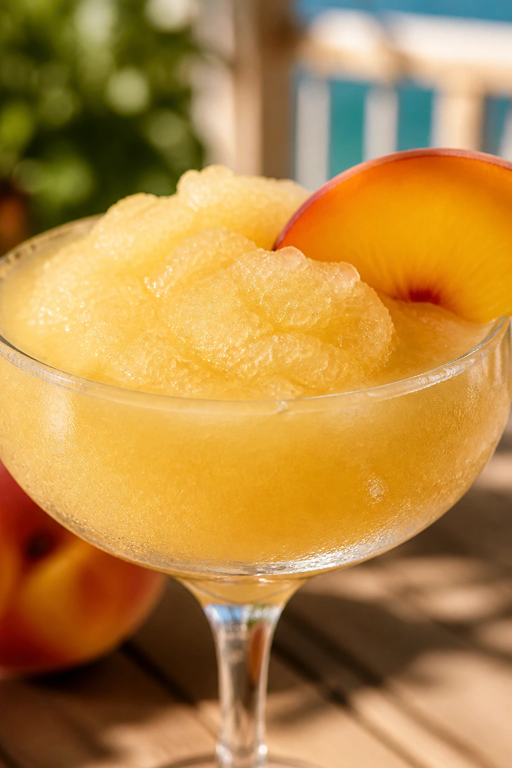 Peach bellini slush in coupe glass with peach slice