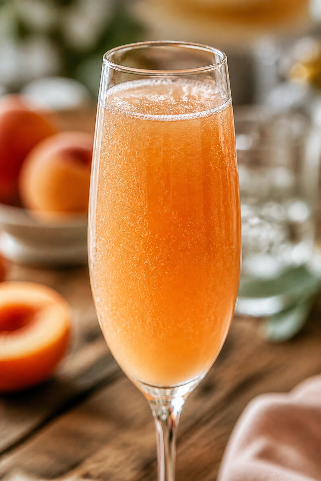 Close-up of a Peach Bellini Sparkler in a flute glass on a wooden table