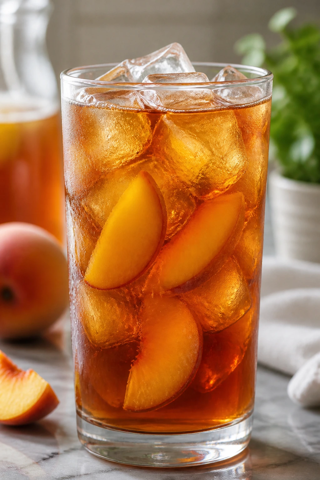 Glass of peach black iced tea with slices of peach