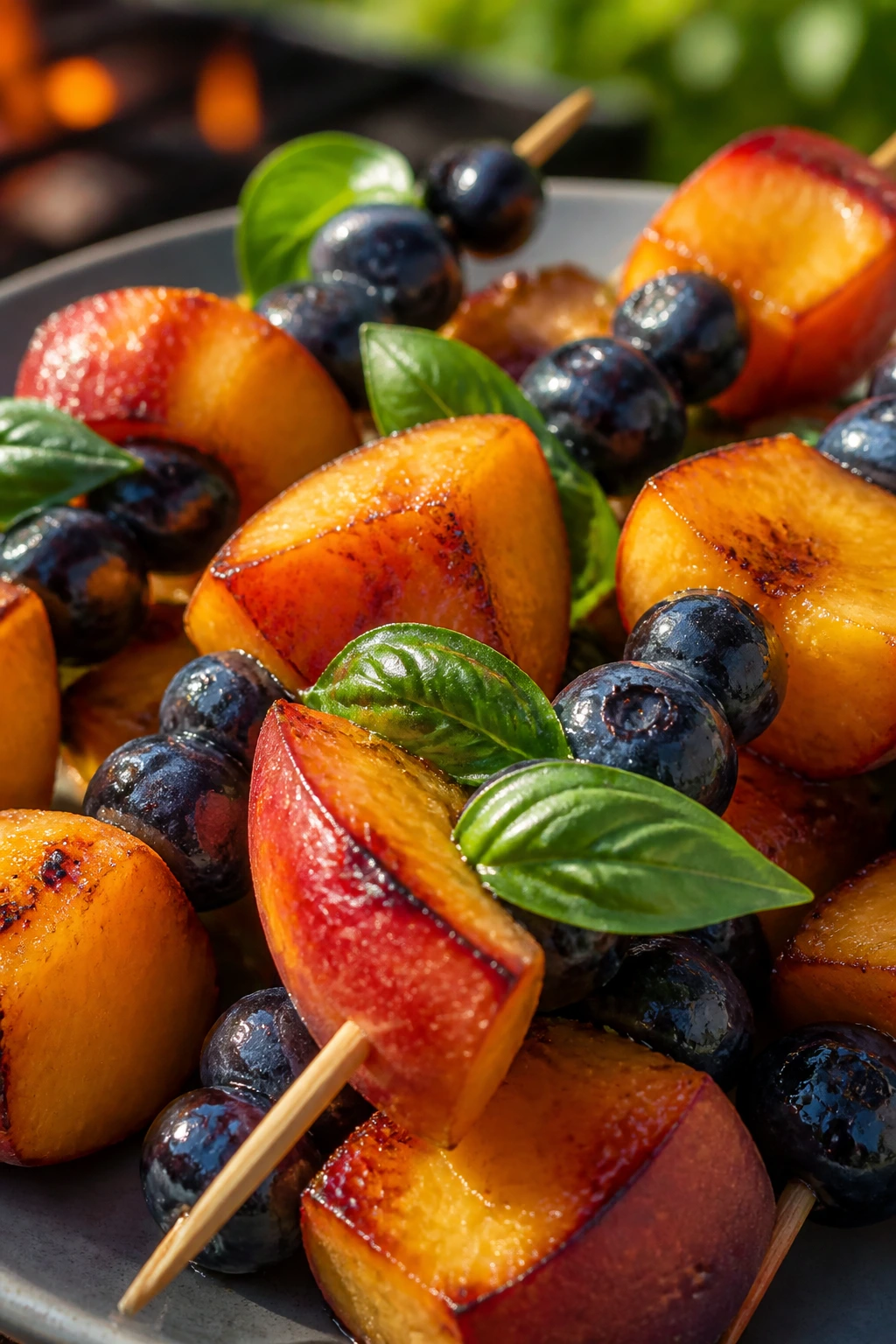 Close-up of peach blueberry basil skewers on wood