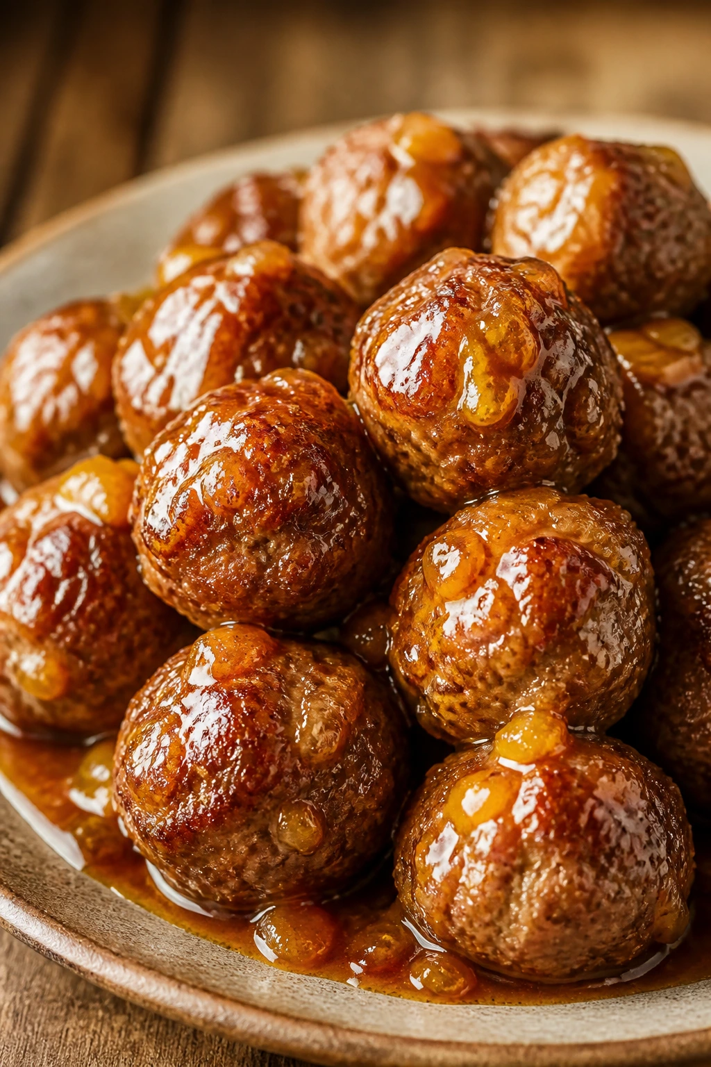 Glazed peach-bourbon meatballs on a rustic plate under warm light.