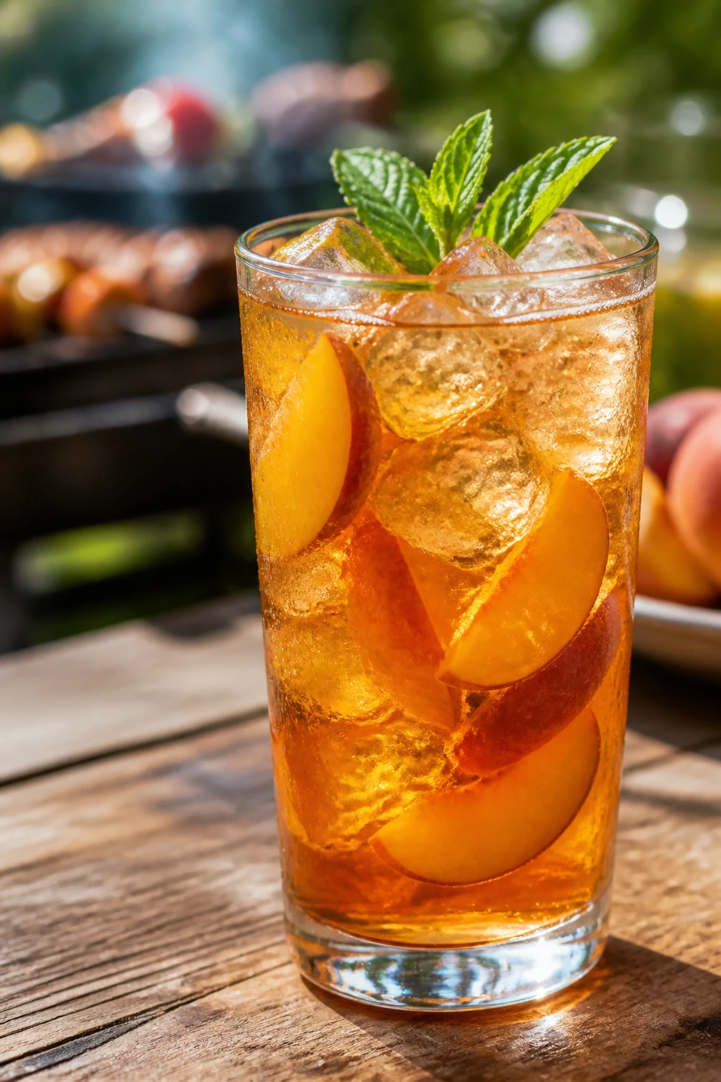 Close-up of a tall glass of peach bourbon iced tea with peaches