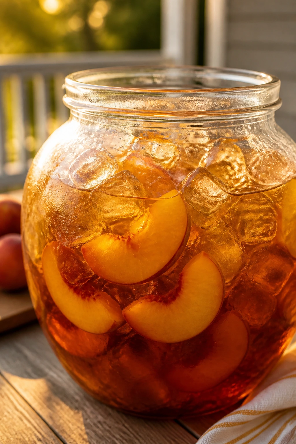 Close-up of peach bourbon iced tea punch in a glass jar outdoors