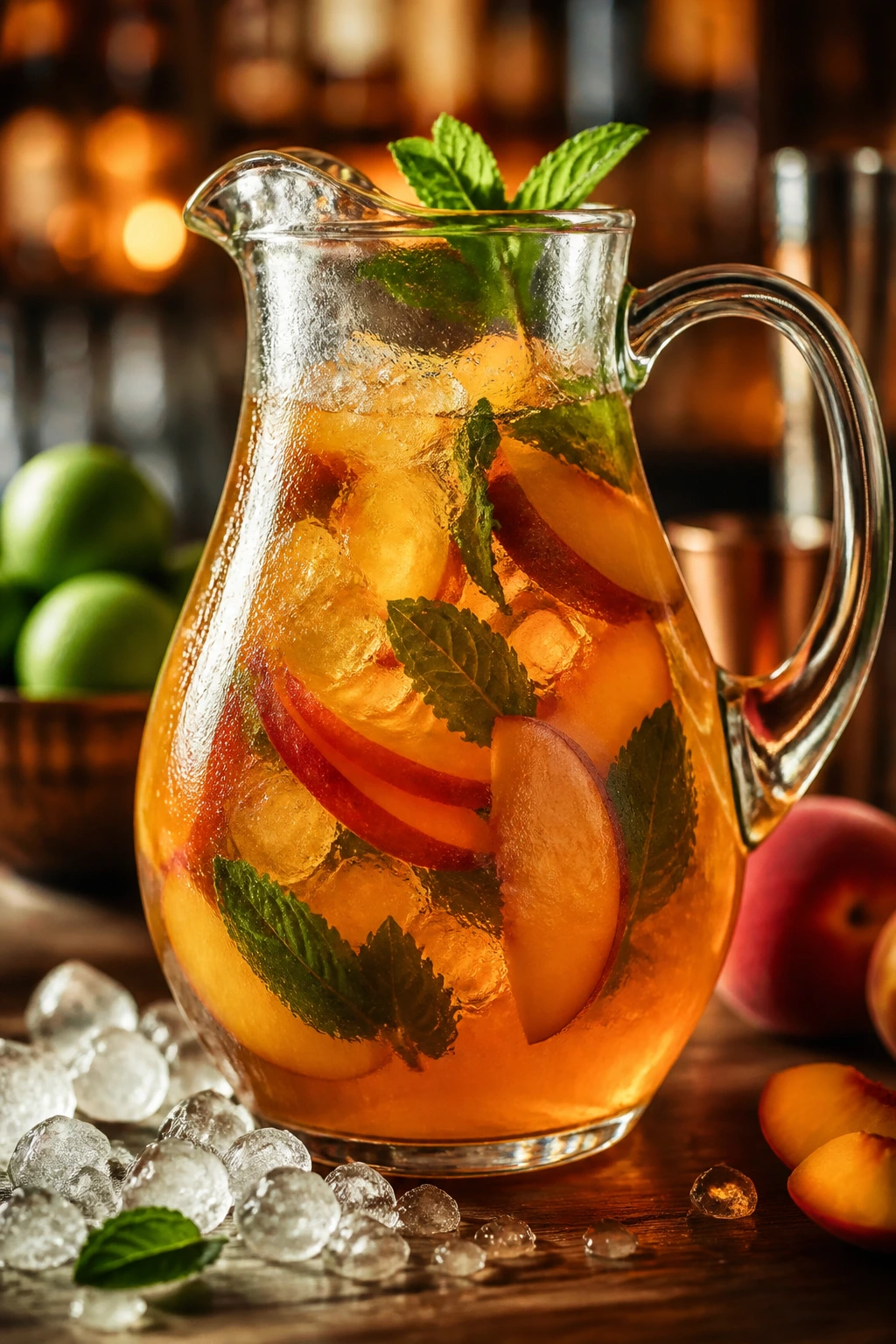 Peach bourbon smash pitcher with peaches and mint on wooden bar
