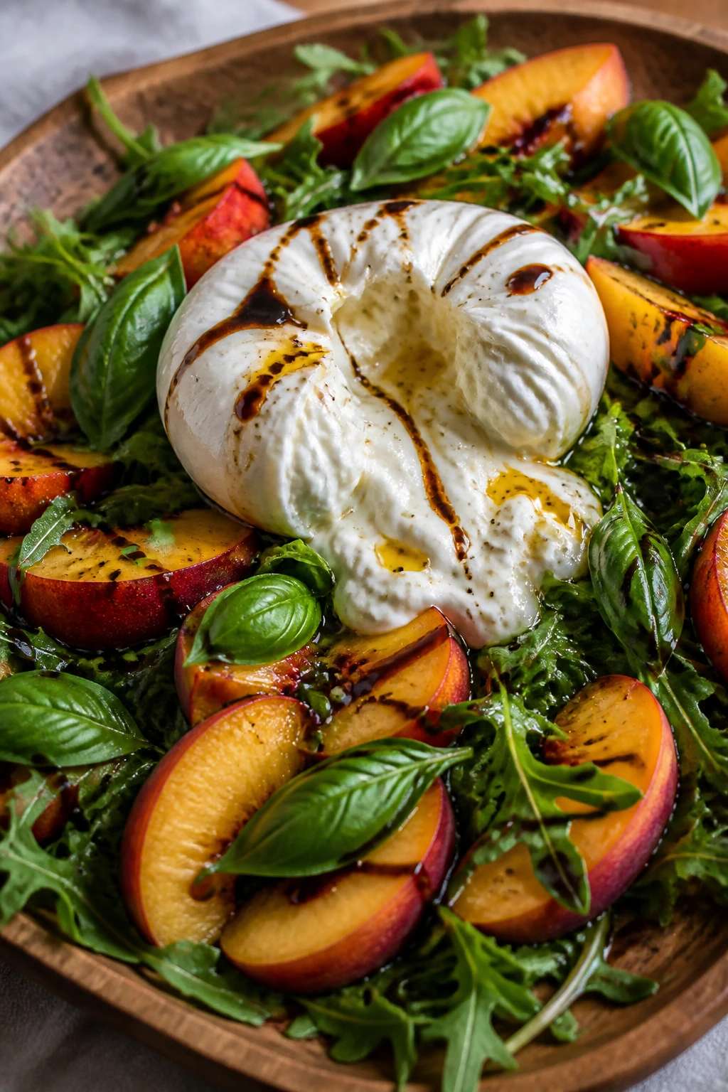 Close-up of Peach Burrata Salad with peaches, burrata, arugula, and basil on a wooden platter