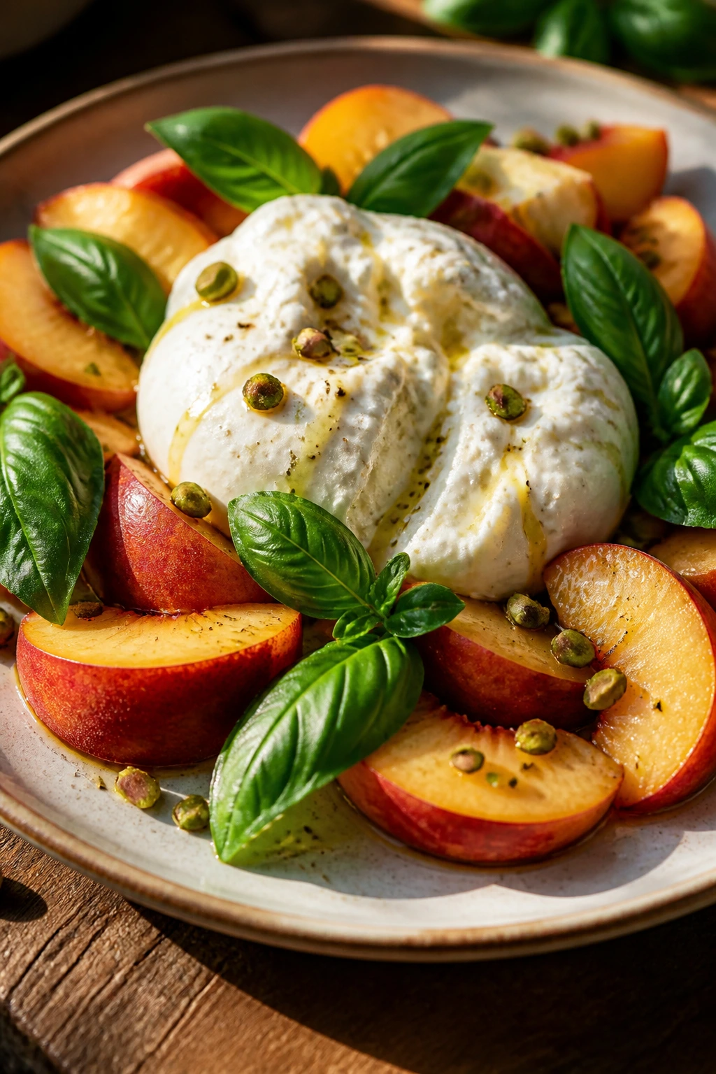 Peach burrata basil salad close-up