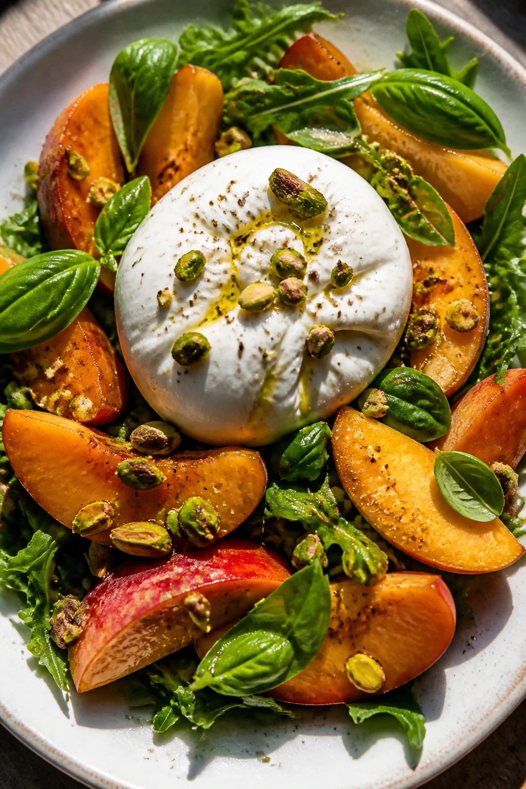 Close-up of Peach and Burrata Salad with Basil and Pistachios on a bright plate
