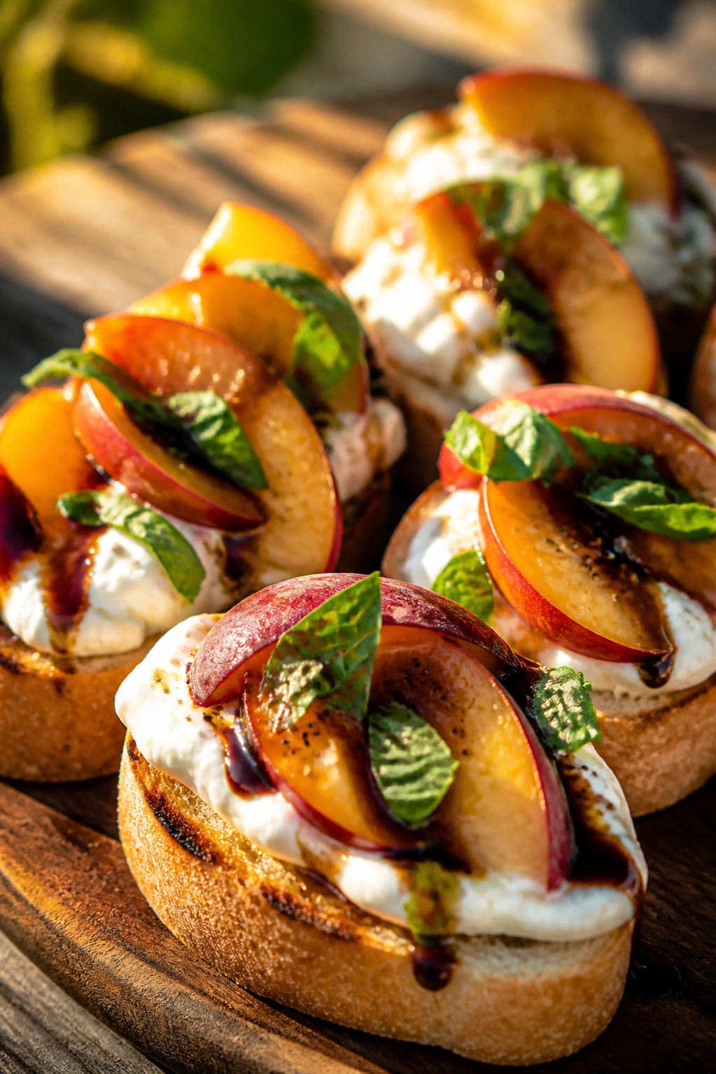 Close-up of peach burrata bruschetta on a rustic board