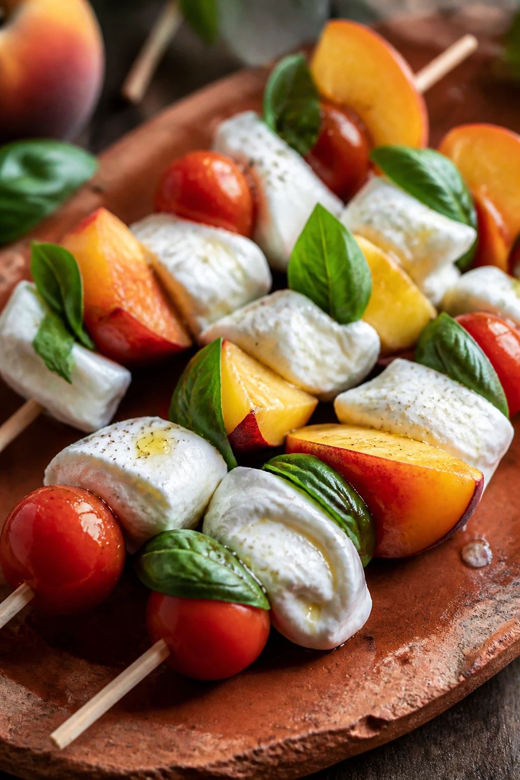 Peach and burrata caprese skewers with burrata and peach on rustic plate