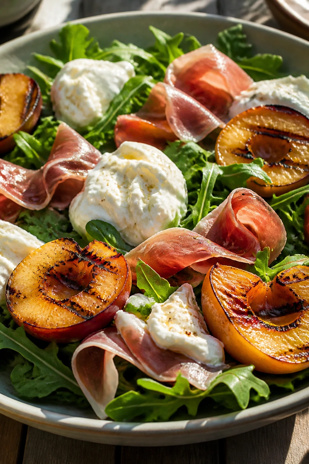 Plate of grilled peaches with burrata and prosciutto on greens