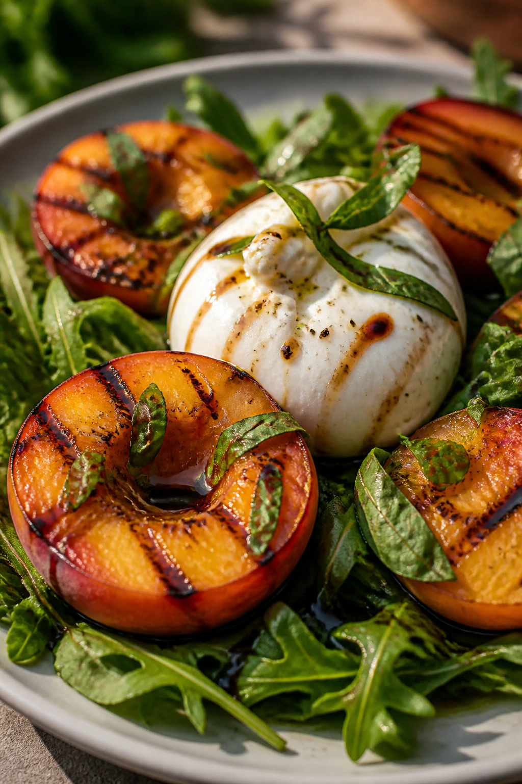 Plate of grilled peach with burrata and basil salad in sunlight