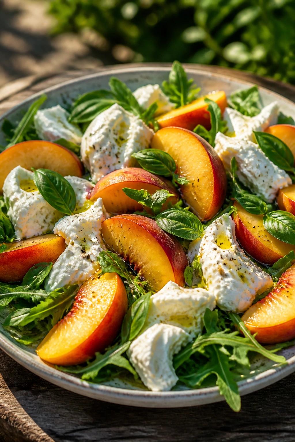 Close-up of peach and burrata salad on a rustic board outdoors