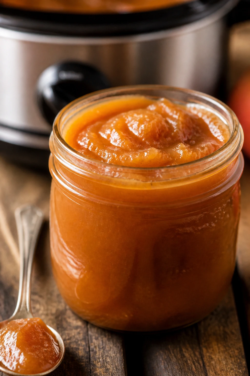 Glass jar of peach butter with spoon beside