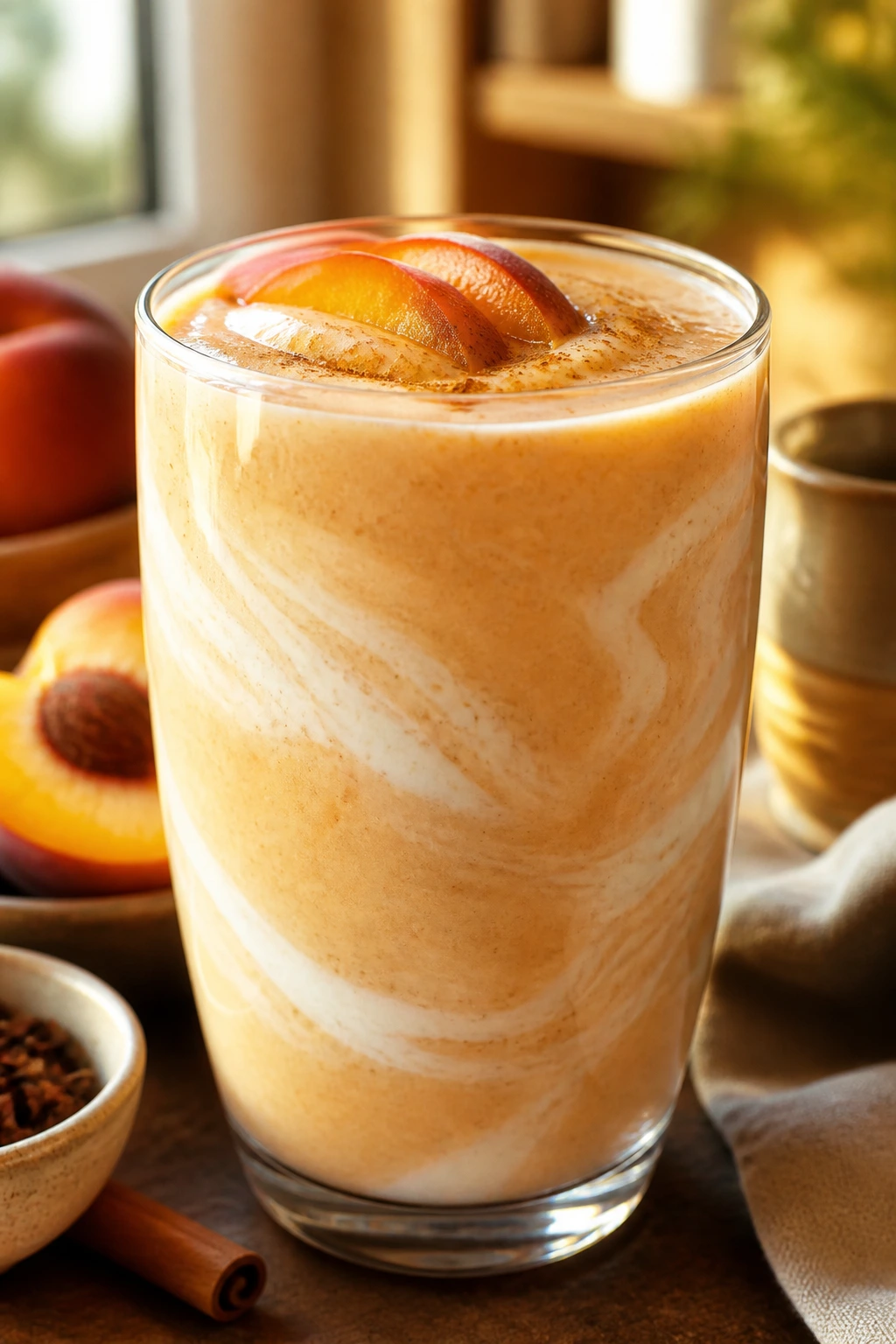 Peach chai smoothie in glass on breakfast nook table
