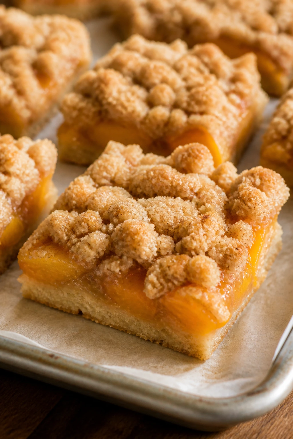 Close-up of peach cobbler bars with a juicy peach layer and crumb topping on parchment.