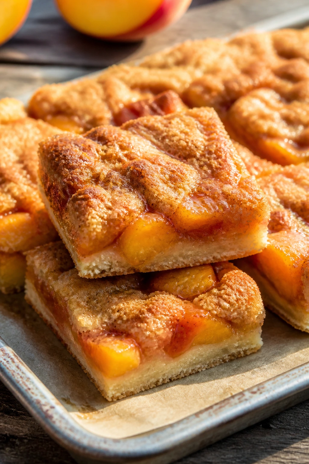 Peach cobbler bars on parchment-lined pan outdoors.