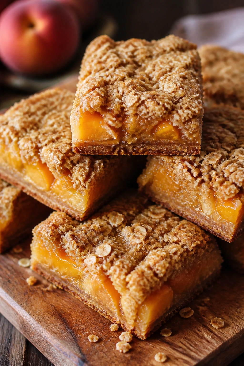 Close-up of brown sugar peach cobbler bars with oat crumble on wooden board