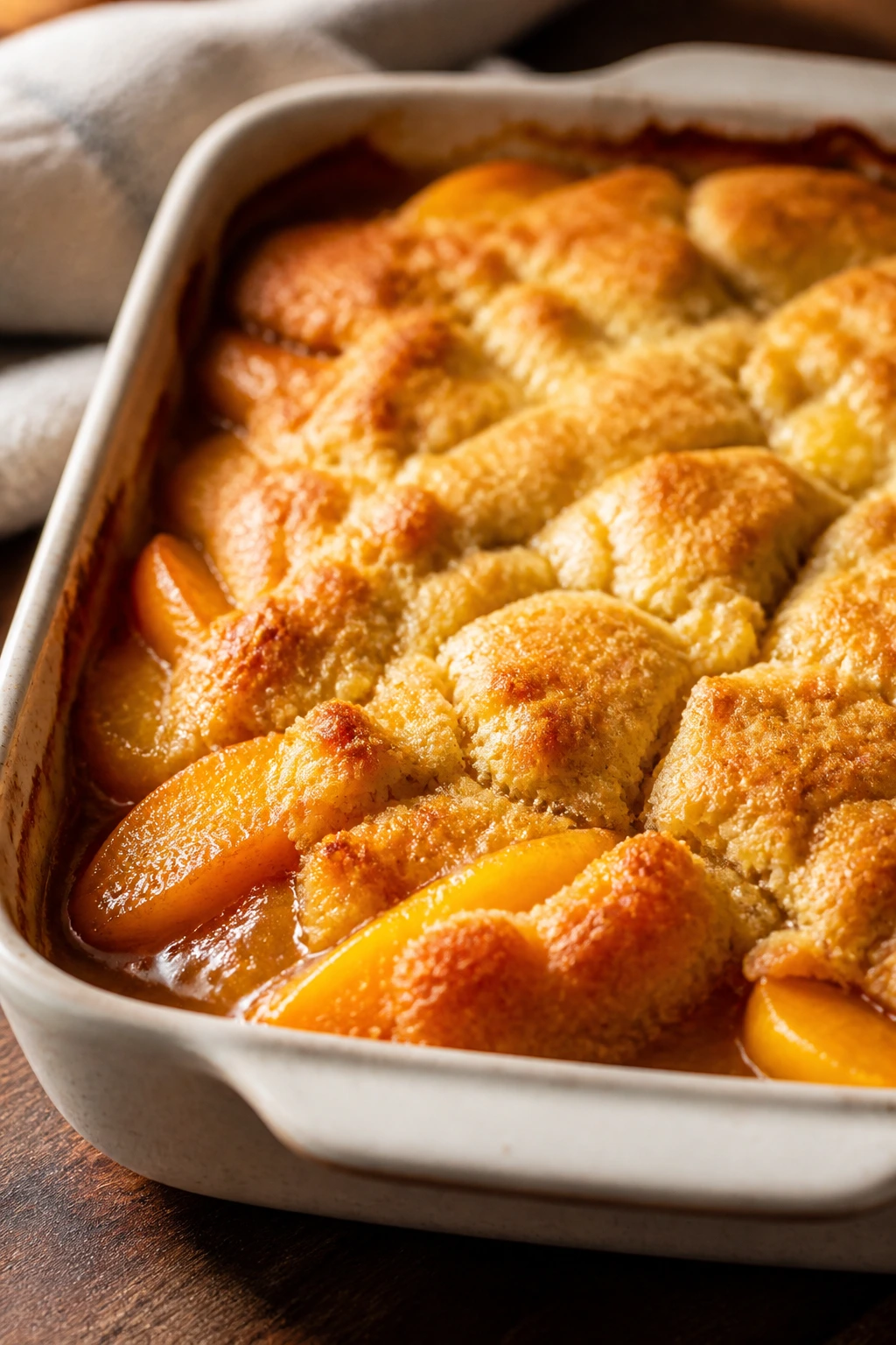 Peach cobbler bubbling in a 9x13 dish with golden crust