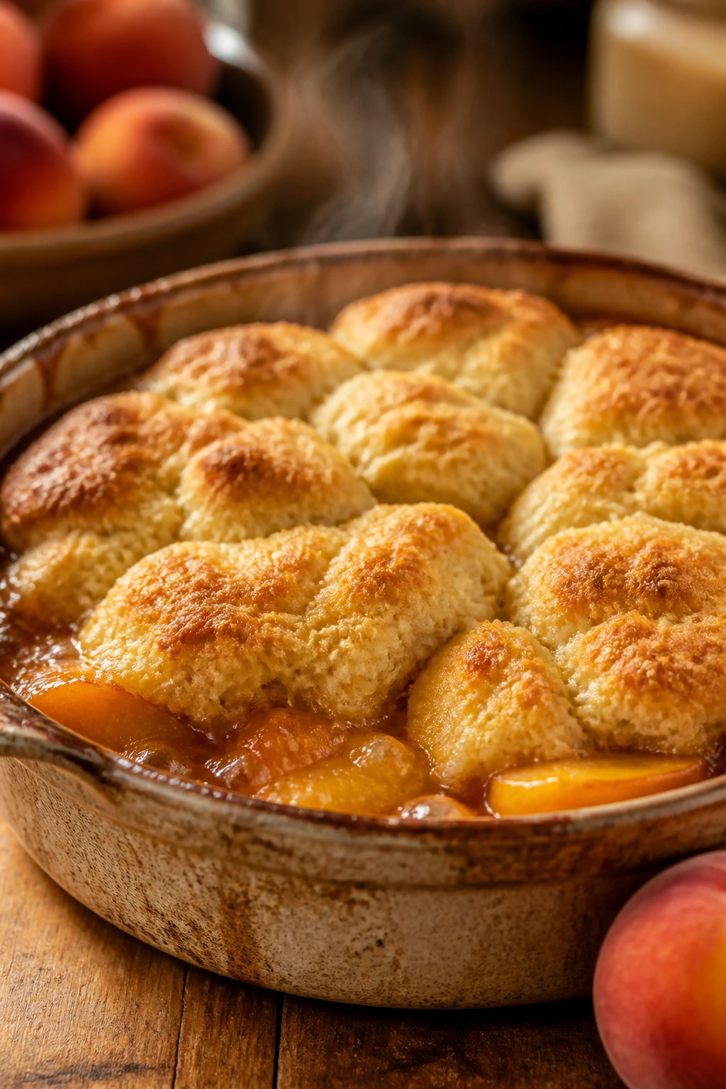 Peach cobbler bubbling in a rustic dish on a wooden table