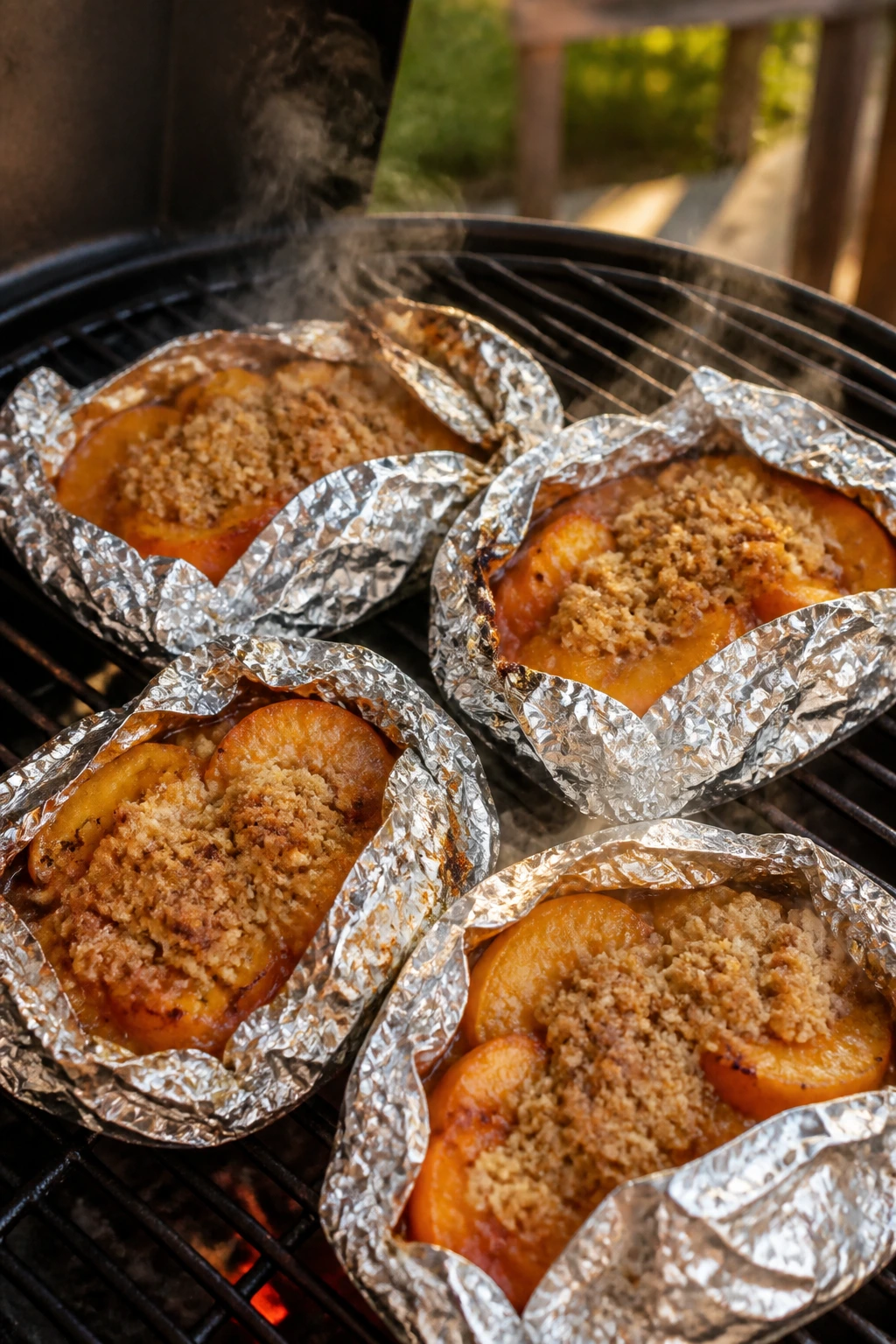 Foil packets of peach cobbler on a grill in a backyard