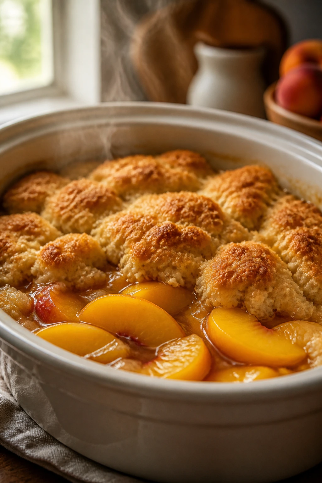 Close-up of peach cobbler in a baking dish with golden topping.