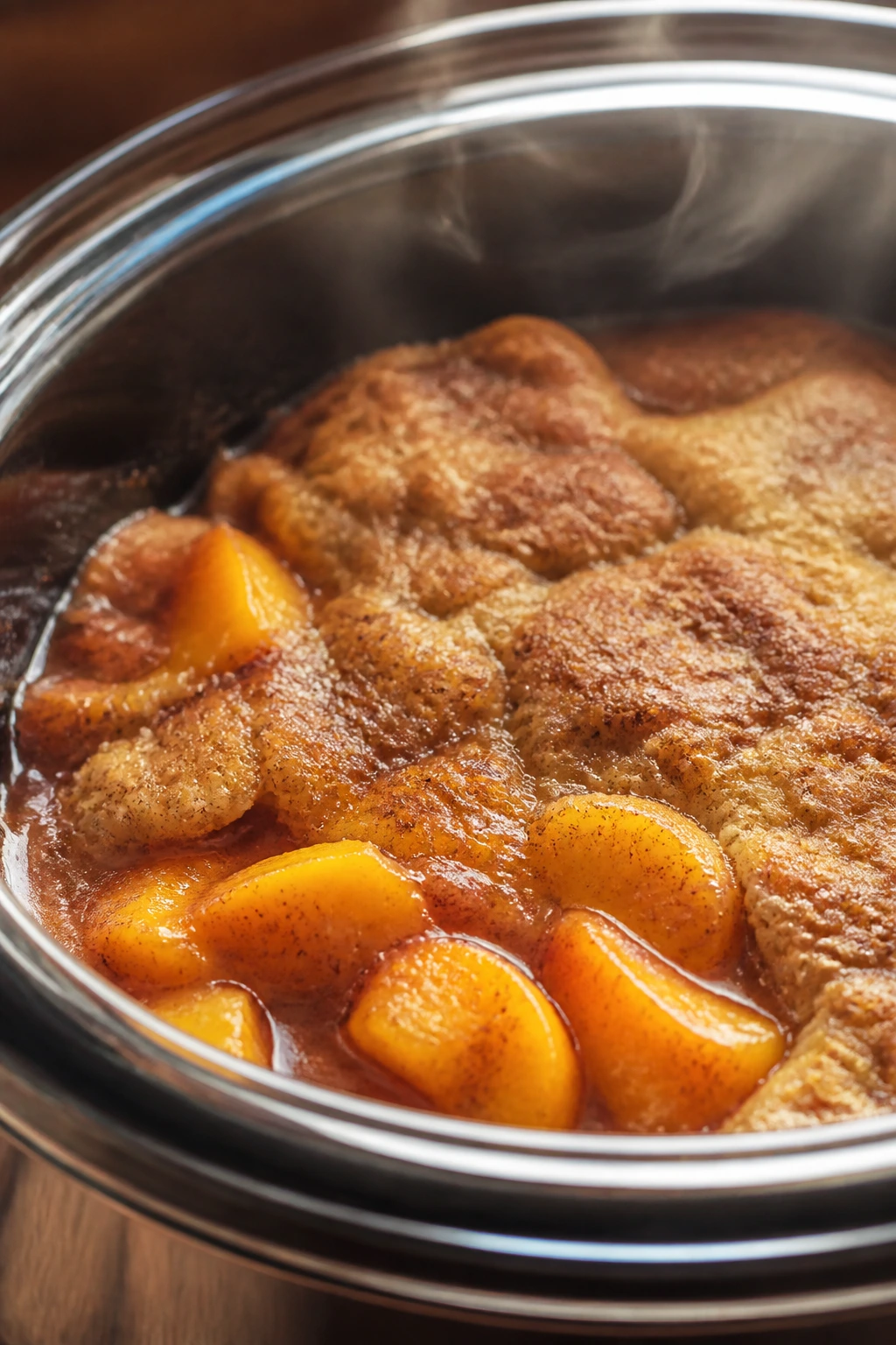 Close-up of peach cobbler in a slow cooker with bubbling syrup and cinnamon topping