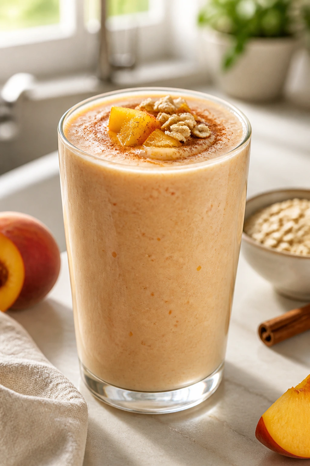 Close-up of peach cobbler smoothie in glass on bright kitchen counter, peachy color
