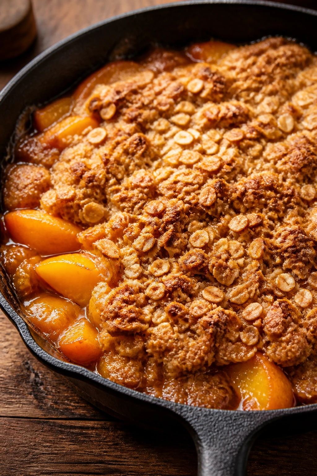 Close-up of bubbling peach cobbler in a cast-iron skillet on a rustic wooden counter