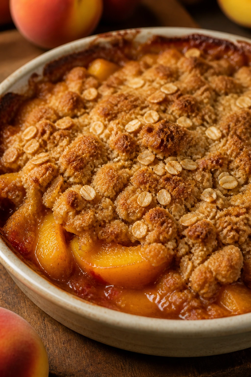 Close-up of peach crisp in baking dish with bubbling topping on a wooden table