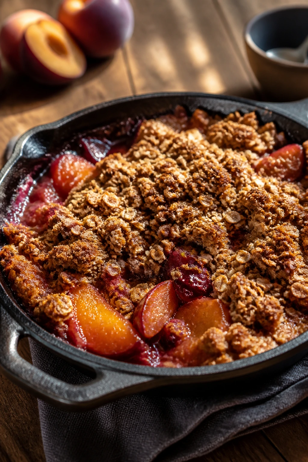 Close-up of bubbling peach or plum crisp in a cast-iron skillet on a wooden counter