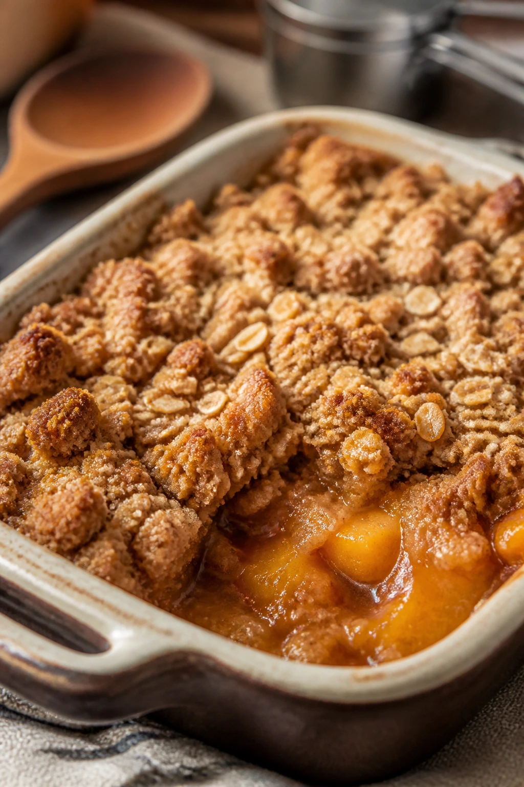 Close-up of peach crisp in baking dish with golden topping