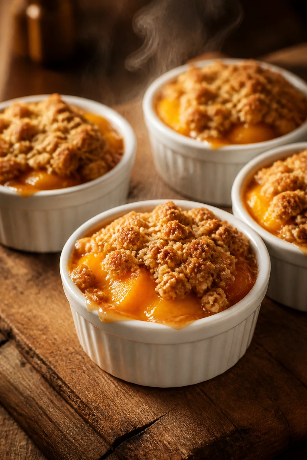 Peach crisp ramekins bubbling under warm oven light