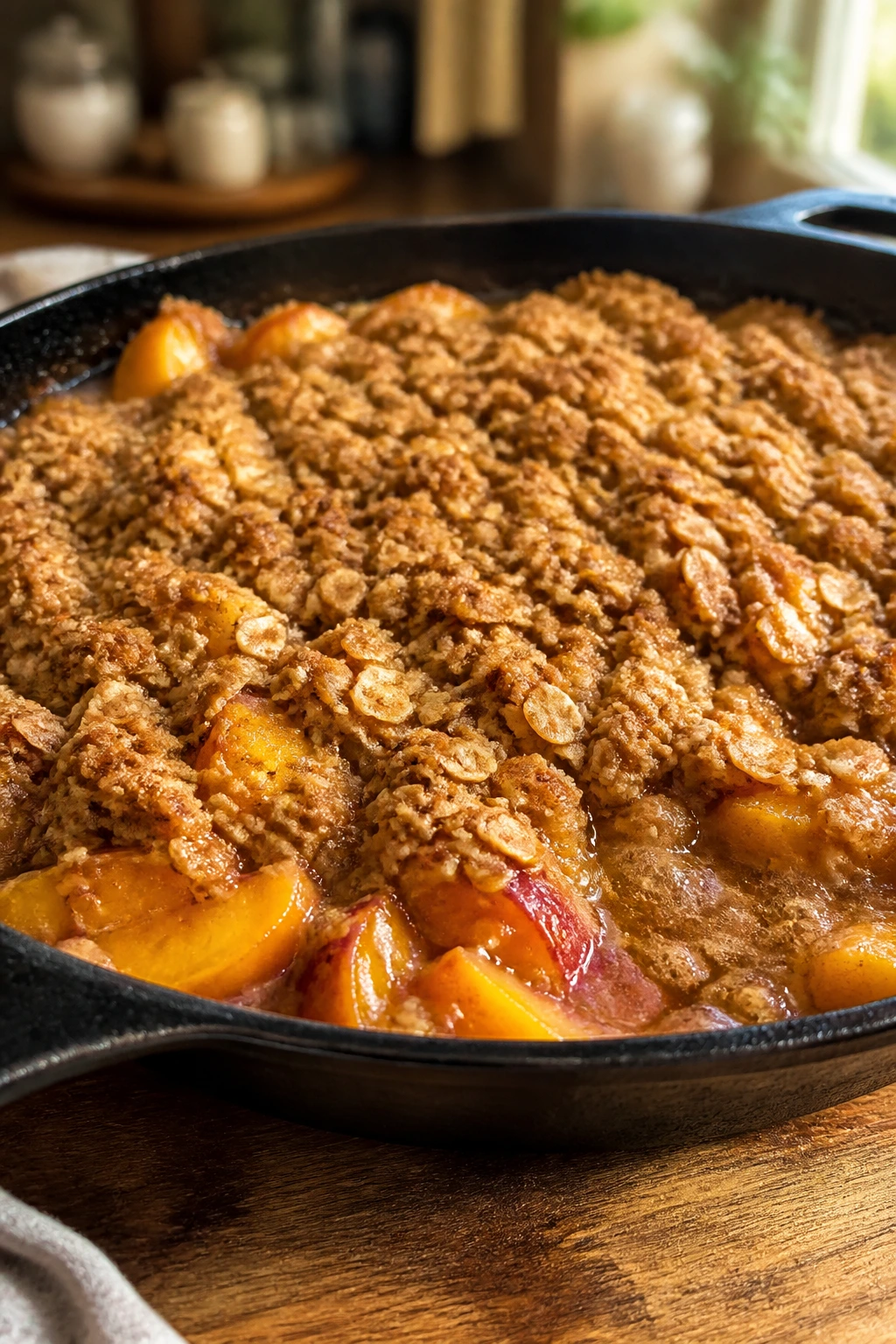 Close-up of bubbling peach crisp in a cast-iron skillet with golden oats and peaches