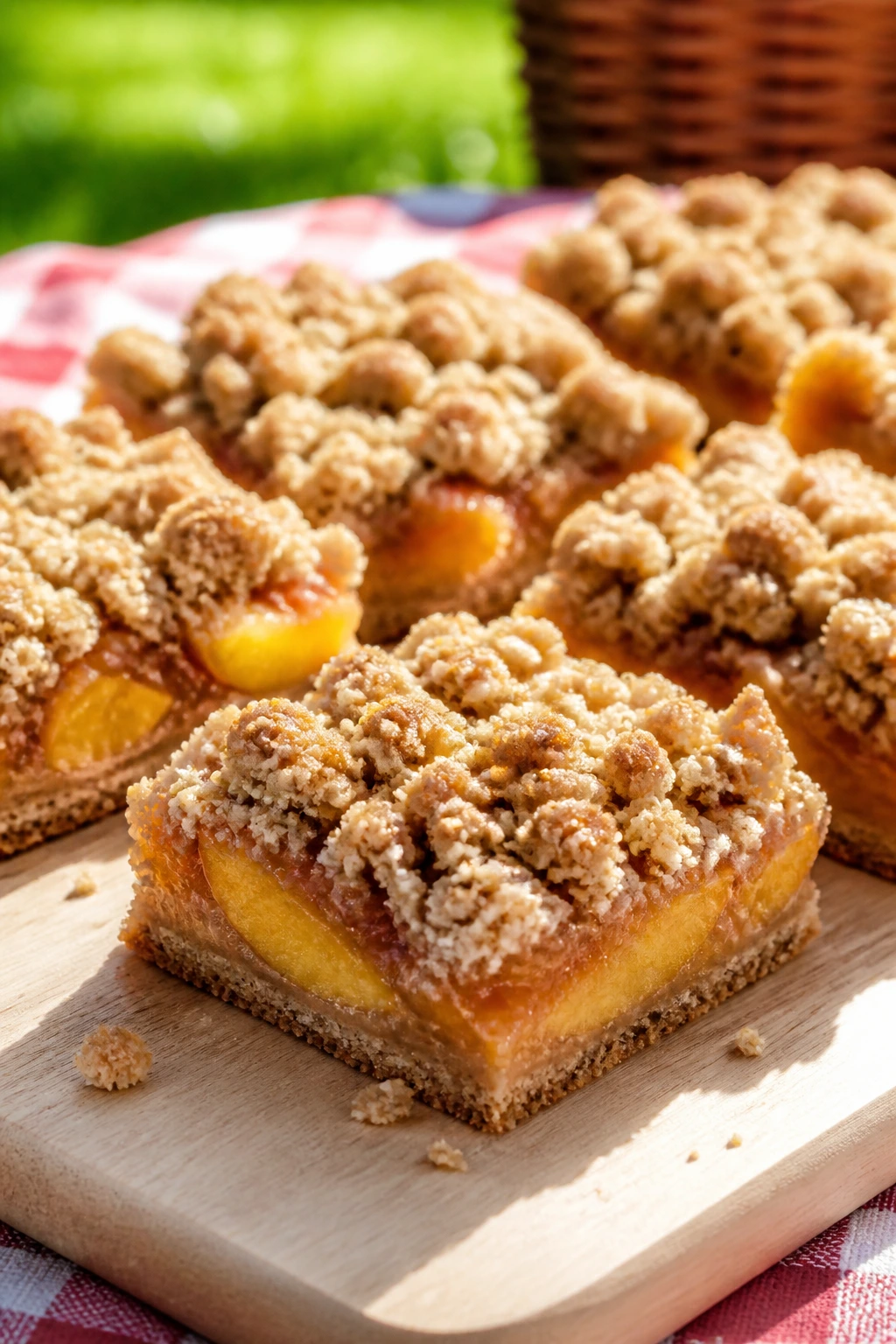 Close-up of peach crumble bars on a cutting board for picnics