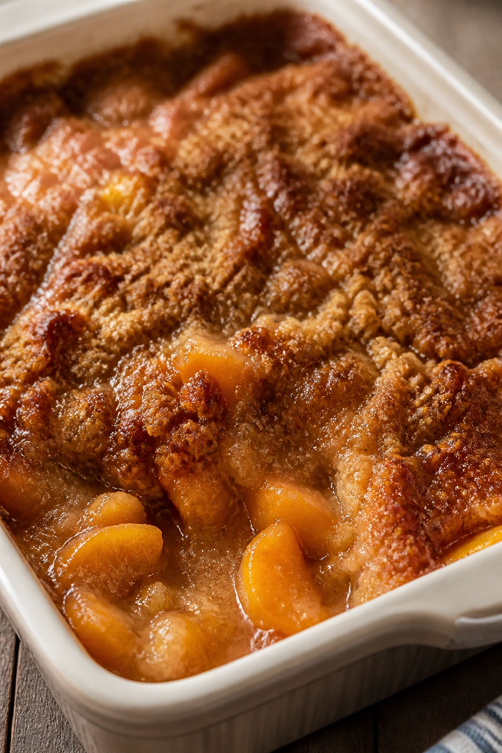 Peach dump cake with brown sugar crust in a baking dish