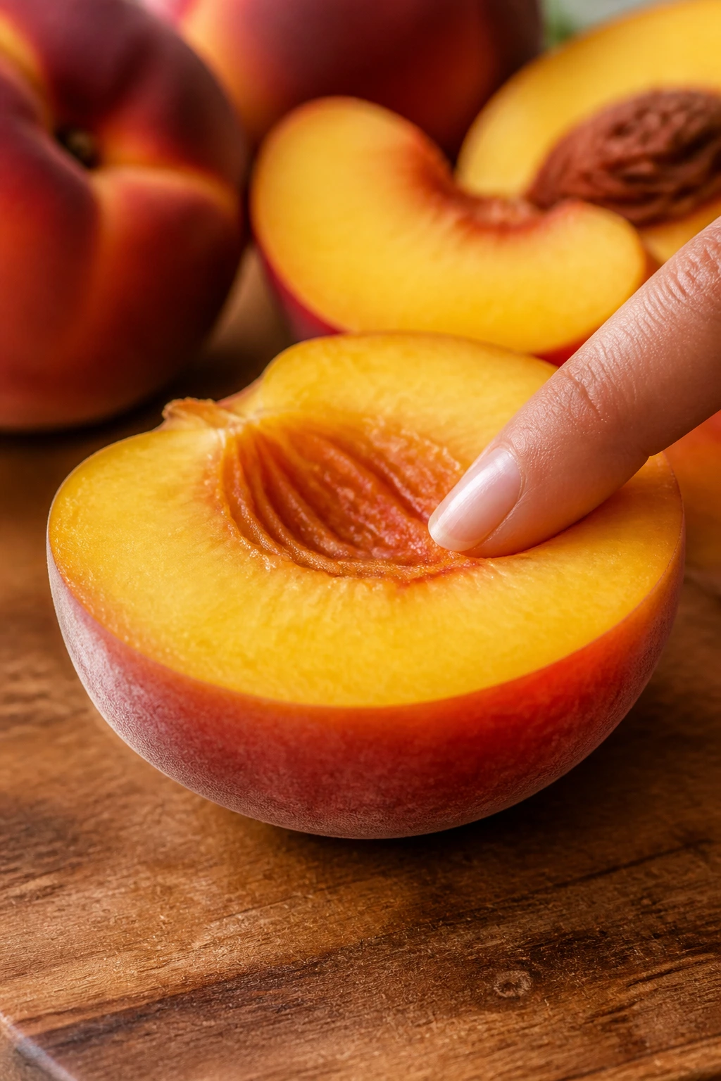 Close-up of a firm, ripe peach half on a wooden board