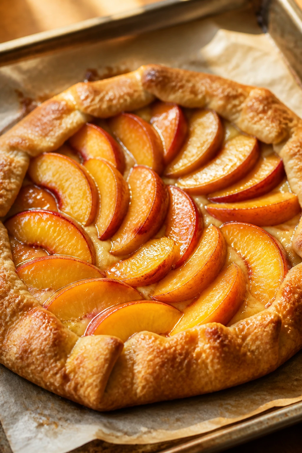 Peach galette with almond cream and peach slices on parchment