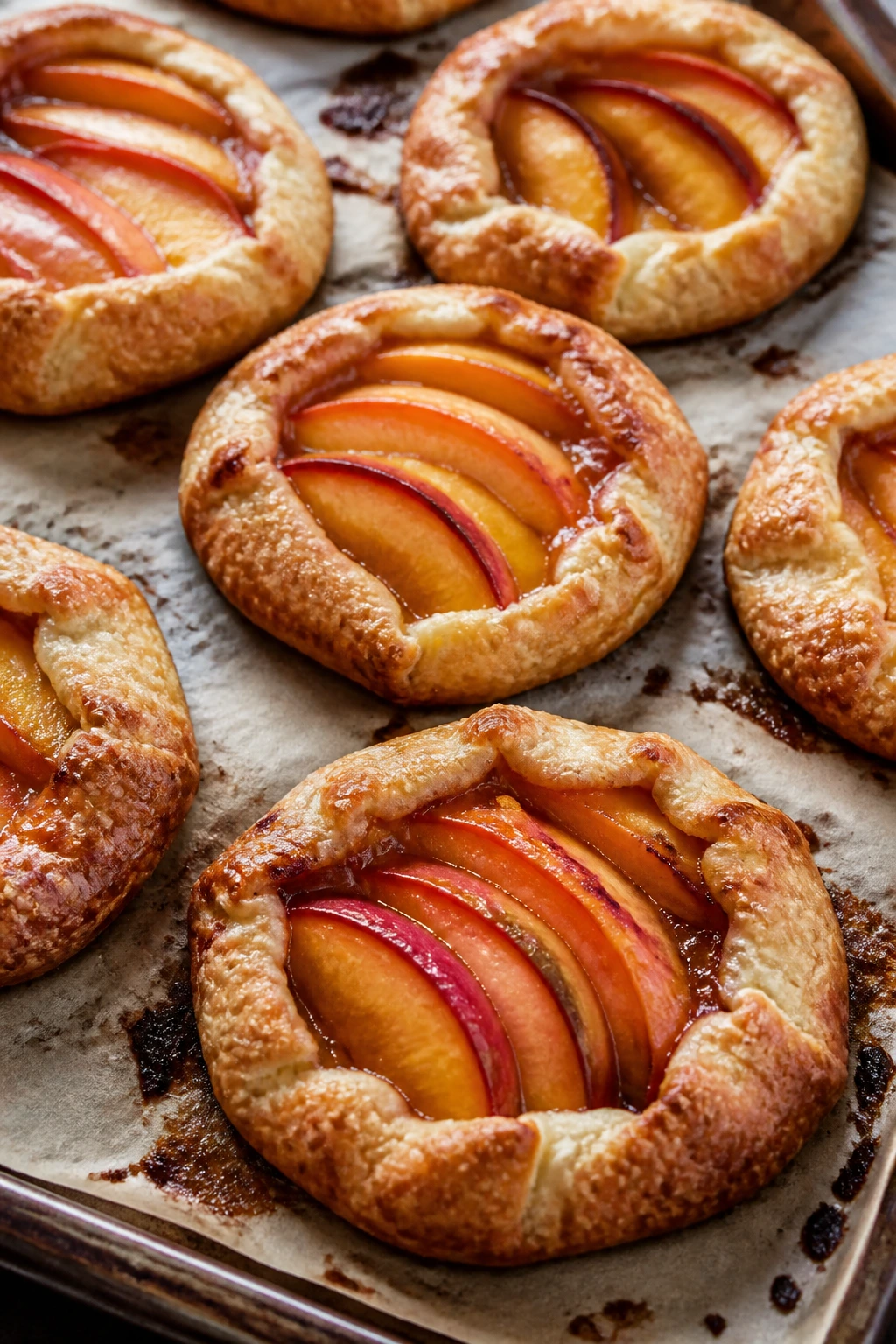 Close-up of peach galettes with fanned peach slices on parchment in a rustic kitchen