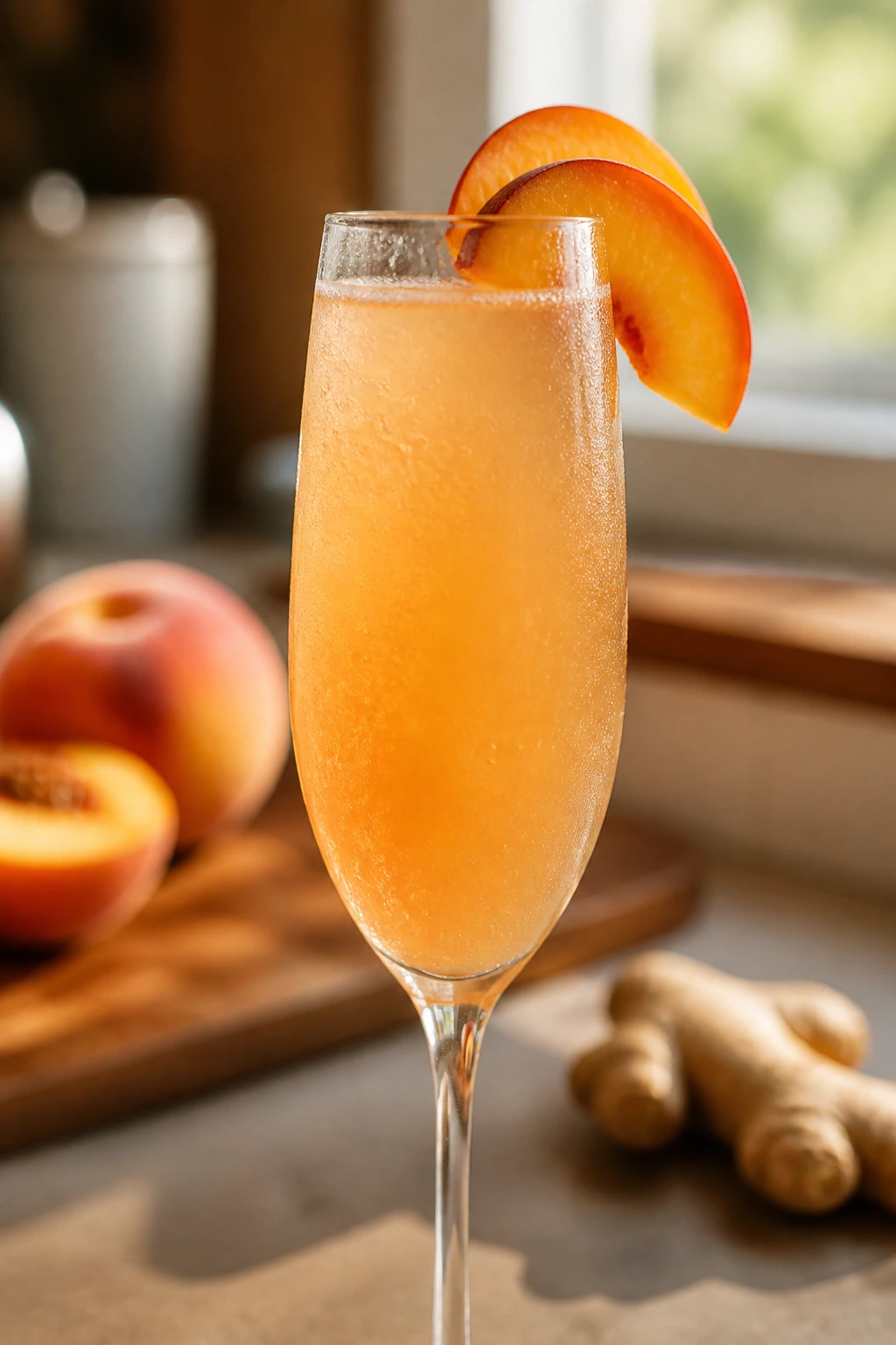 Close-up of Peach Ginger Sparkler in a flute with peach slice on rim