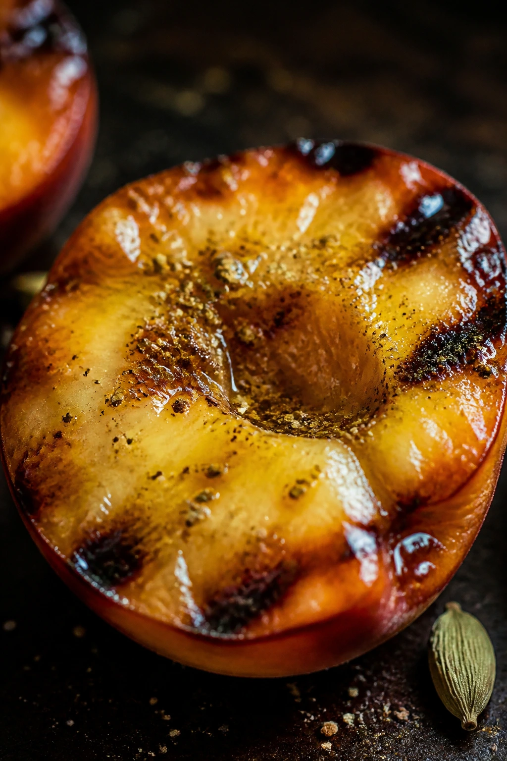 Grilled peach half with glaze and cardamom on dark background