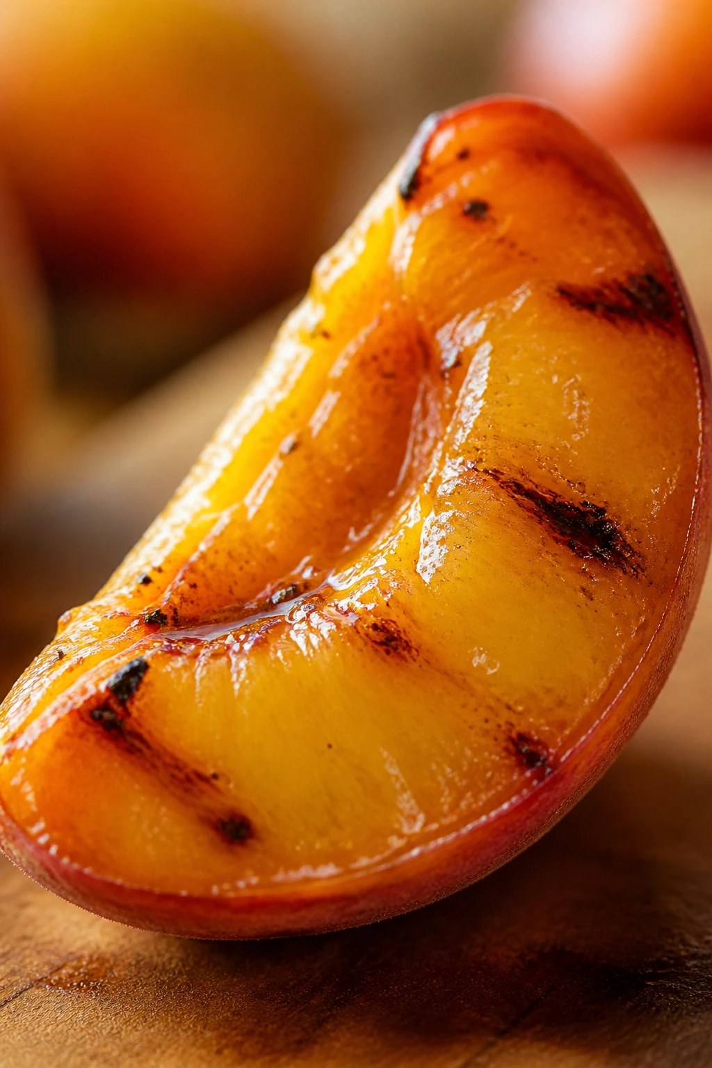 Close-up of a peach wedge with a thin oil glaze on a warm kitchen counter