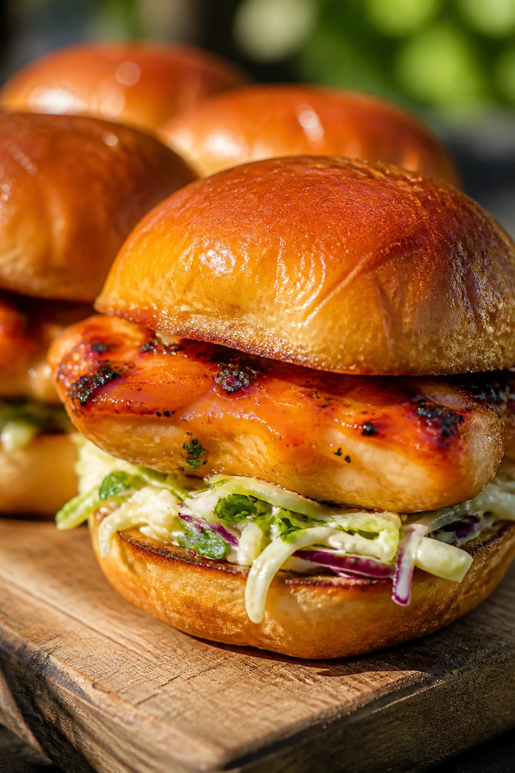 Peach-glazed chicken slider on a bun outdoors