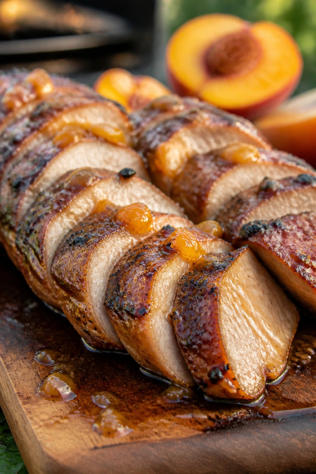 Peach-glazed pork tenderloin medallions on a rustic board