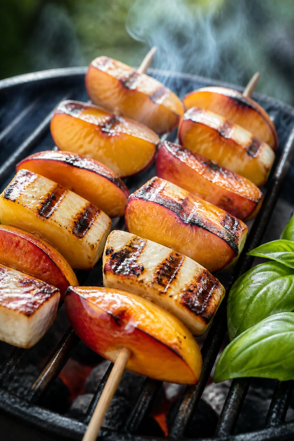 Close-up of peach and halloumi skewers grilling with honey glaze