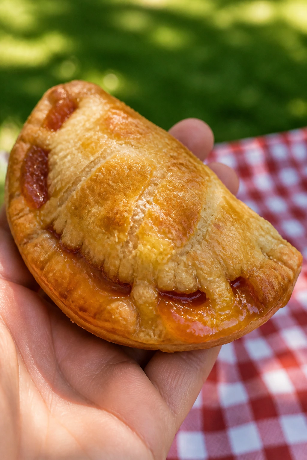 Close-up of a peach hand pie held outdoors on a picnic blanket