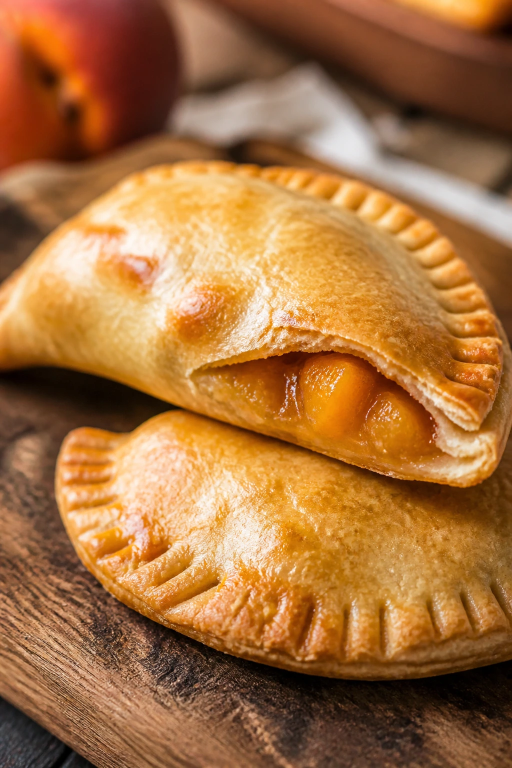 Close-up of peach hand pies on a wooden board in a warm kitchen light